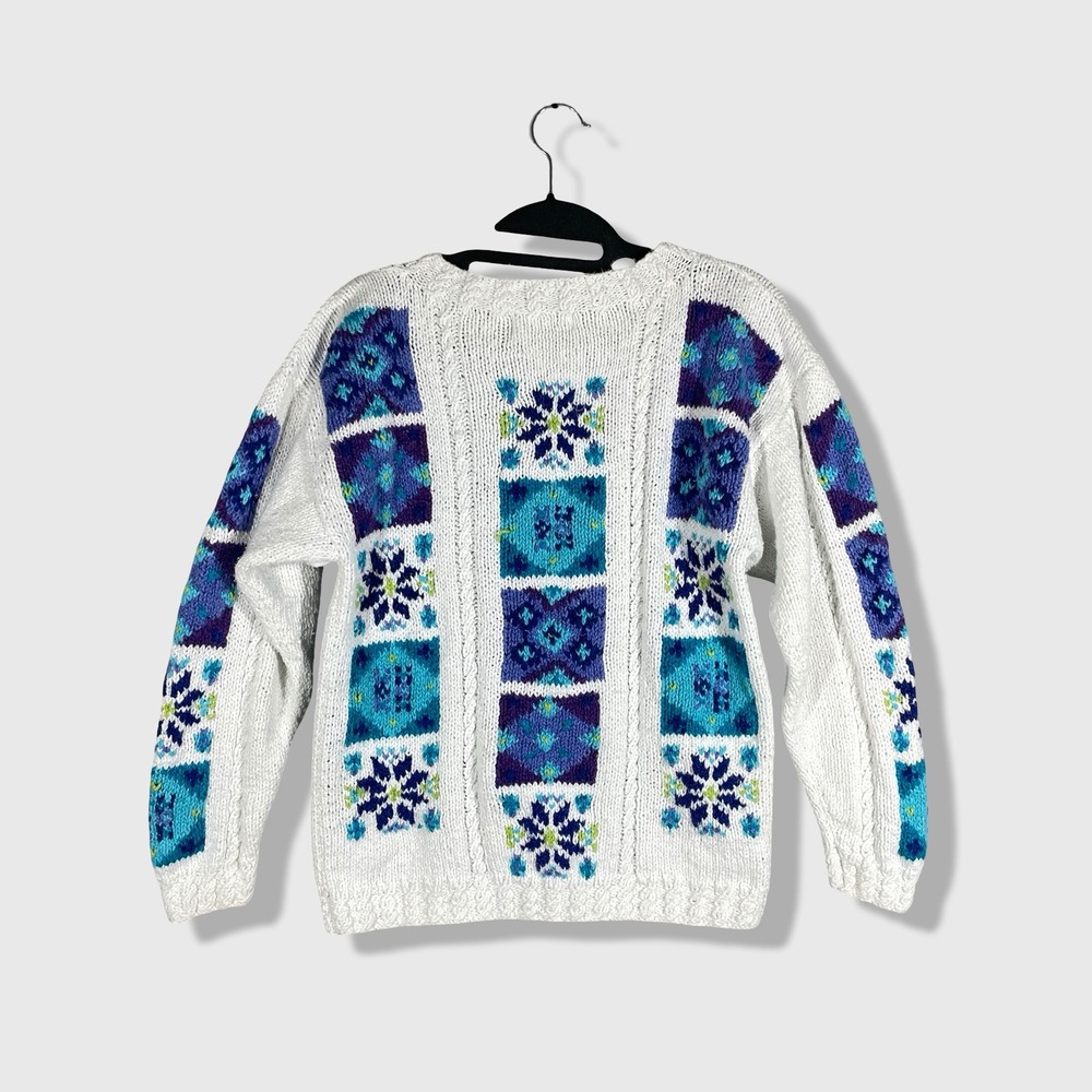 LL Bean Fair Isle Sweater Women Small White Blue Grandmacore Cottagecore Vintage - Picture 4 of 7